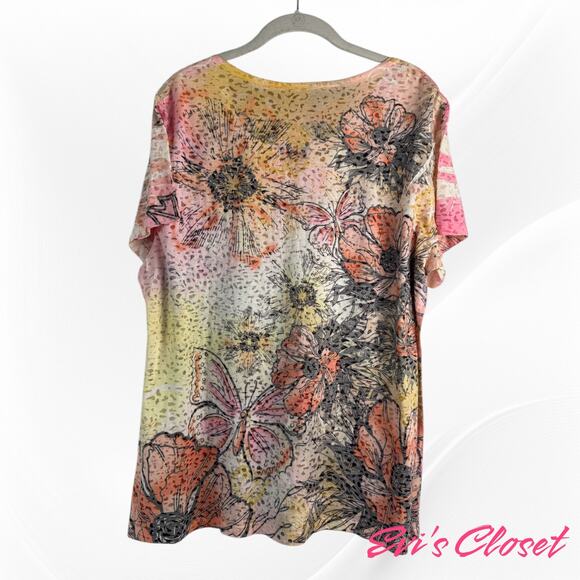 Style & Co Women's Floral & Butterflies Pink Orange With Pink Rhine Stones Sz 2x - Picture 3 of 7